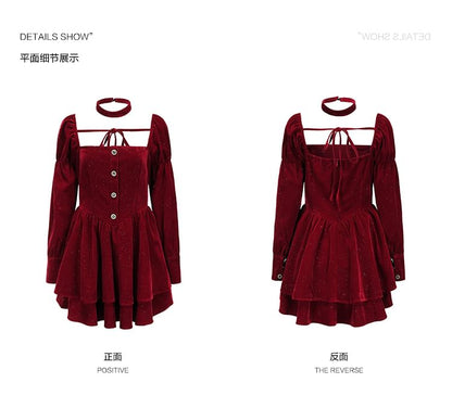 Long-Sleeve Square Neck Velvet Mini A-Line Dress