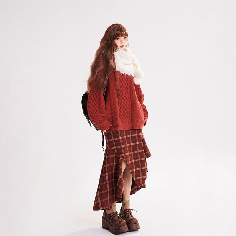 High-Rise Plaid Asymmetrical Maxi A-Line Skirt