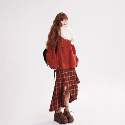 High-Rise Plaid Asymmetrical Maxi A-Line Skirt