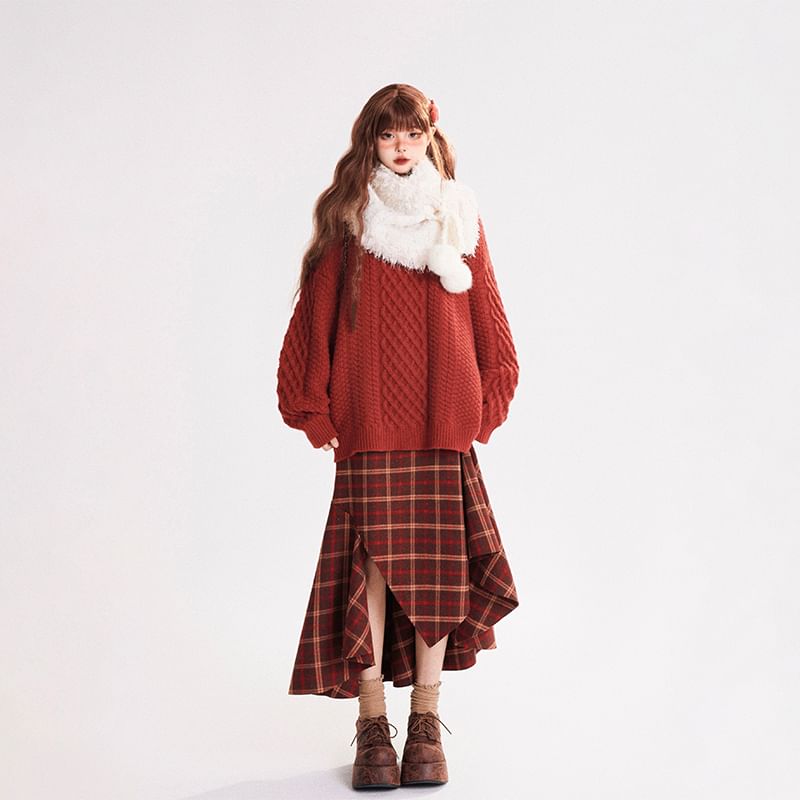 High-Rise Plaid Asymmetrical Maxi A-Line Skirt