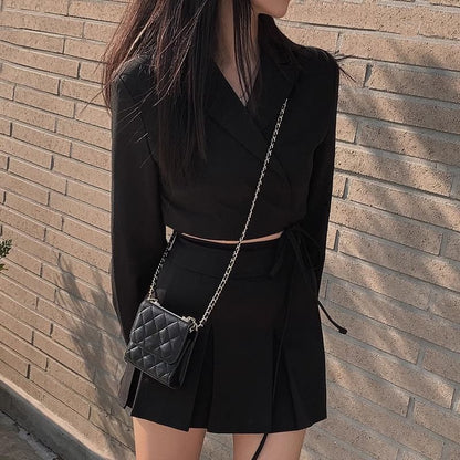 Lapel Collar Solid Tie-Waist Crop Blazer with High-Rise Mini Pleated Skirt