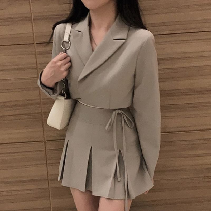 Lapel Collar Solid Tie-Waist Crop Blazer with High-Rise Mini Pleated Skirt