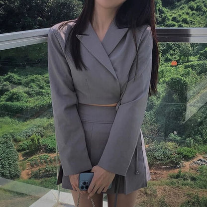 Lapel Collar Solid Tie-Waist Crop Blazer with High-Rise Mini Pleated Skirt