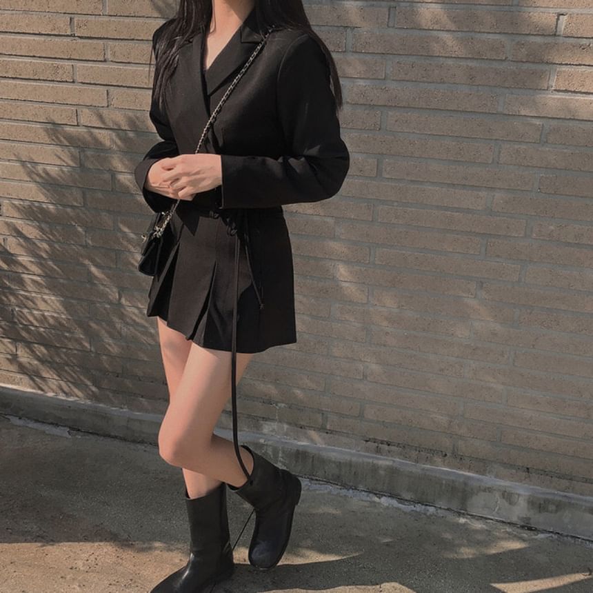 Lapel Collar Solid Tie-Waist Crop Blazer with High-Rise Mini Pleated Skirt