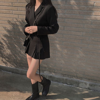 Lapel Collar Solid Tie-Waist Crop Blazer with High-Rise Mini Pleated Skirt