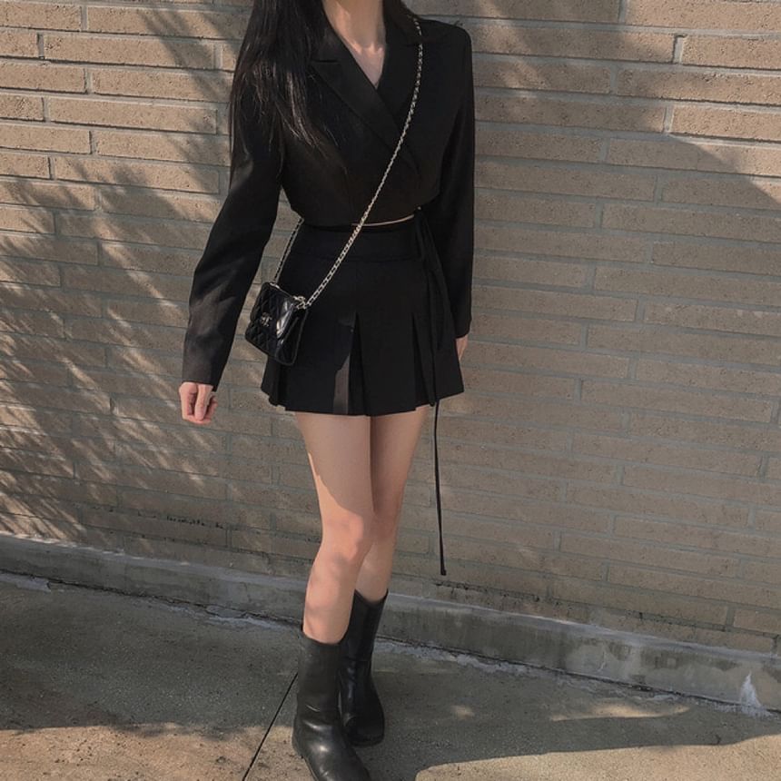 Lapel Collar Solid Tie-Waist Crop Blazer with High-Rise Mini Pleated Skirt