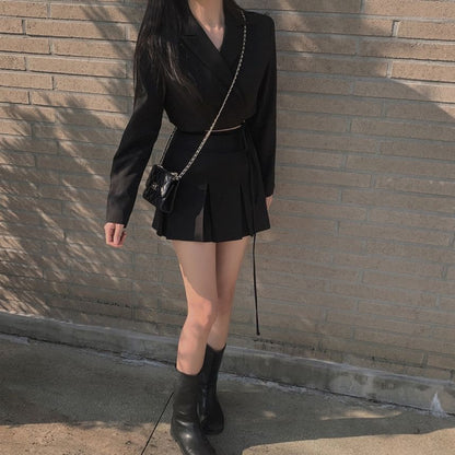 Lapel Collar Solid Tie-Waist Crop Blazer with High-Rise Mini Pleated Skirt