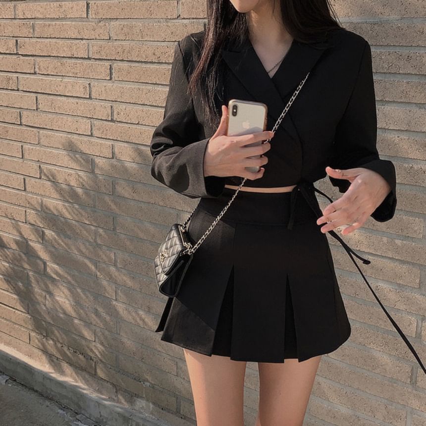 Lapel Collar Solid Tie-Waist Crop Blazer with High-Rise Mini Pleated Skirt
