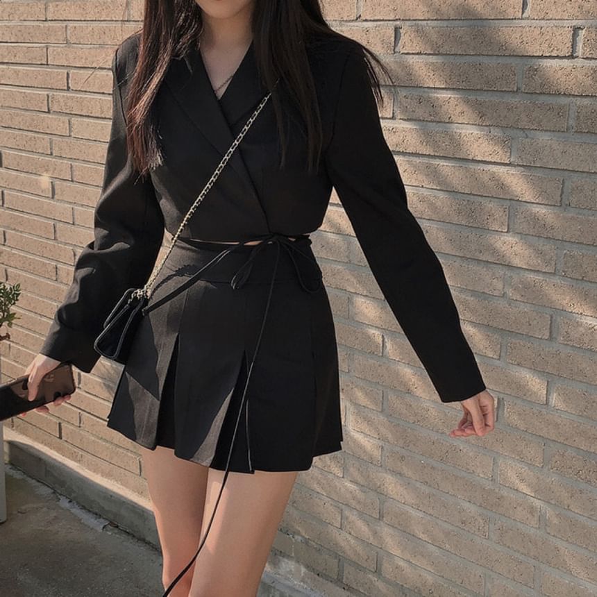 Lapel Collar Solid Tie-Waist Crop Blazer with High-Rise Mini Pleated Skirt
