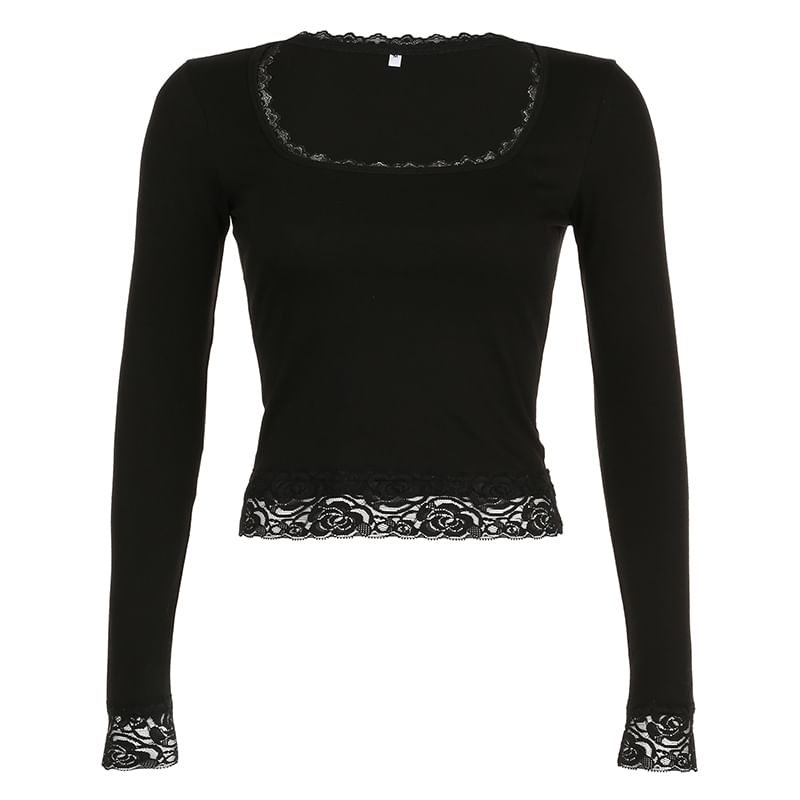 Square-Neck Lace Long-Sleeve Cropped Top