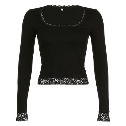 Square-Neck Lace Long-Sleeve Cropped Top