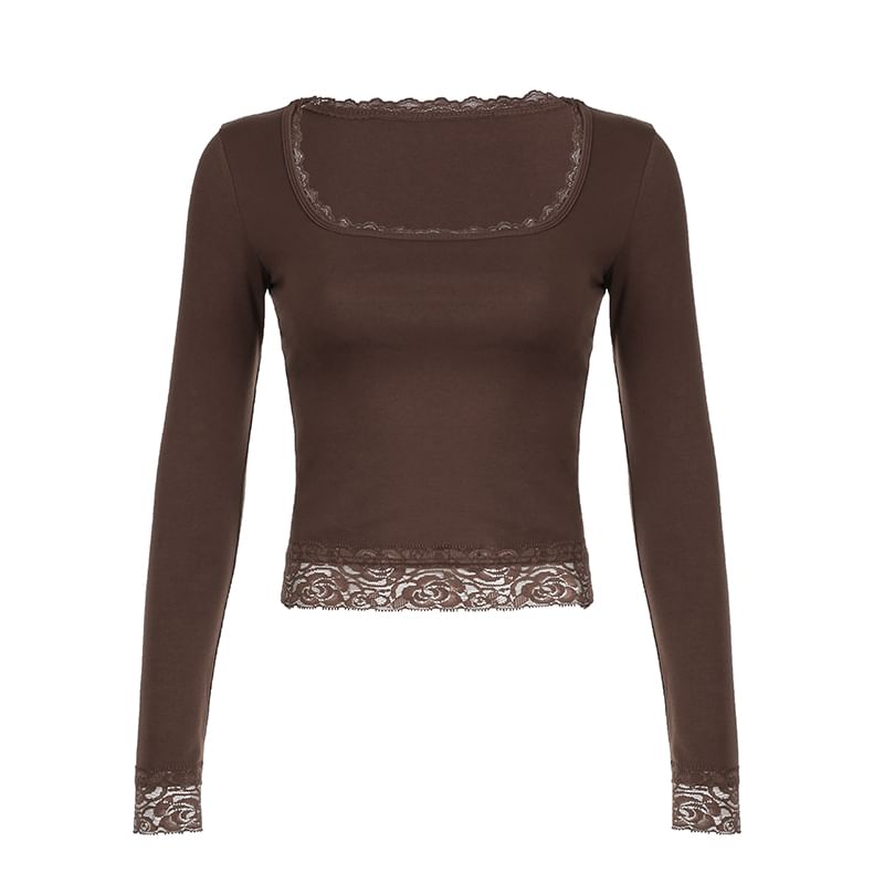 Square-Neck Lace Long-Sleeve Cropped Top
