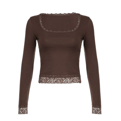 Square-Neck Lace Long-Sleeve Cropped Top