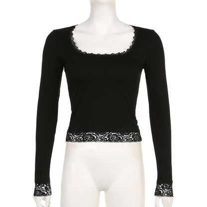 Square-Neck Lace Long-Sleeve Cropped Top