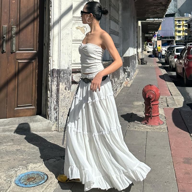 Plain Skirt A-Line Tube Ruffle / Elastic Maxi Tiered Top Waist