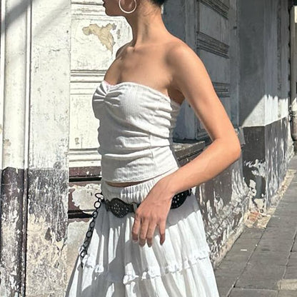 Plain Skirt A-Line Tube Ruffle / Elastic Maxi Tiered Top Waist