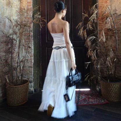 Plain Skirt A-Line Tube Ruffle / Elastic Maxi Tiered Top Waist