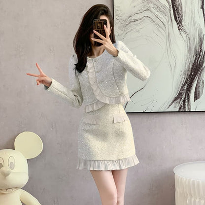Round Neck Ruffle Tweed Button Jacket and High-Rise Mini Pencil Skirt Set