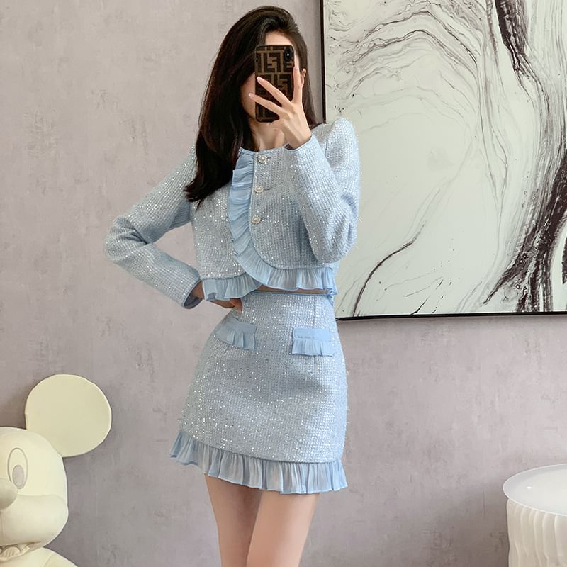 Round Neck Ruffle Tweed Button Jacket and High-Rise Mini Pencil Skirt Set