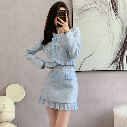 Round Neck Ruffle Tweed Button Jacket and High-Rise Mini Pencil Skirt Set