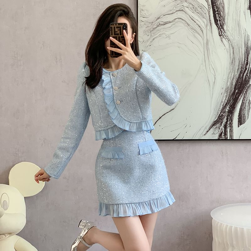 Round Neck Ruffle Tweed Button Jacket and High-Rise Mini Pencil Skirt Set