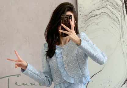 Round Neck Ruffle Tweed Button Jacket and High-Rise Mini Pencil Skirt Set