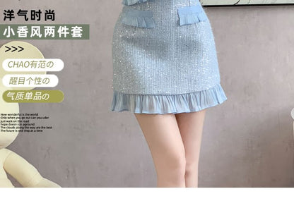 Round Neck Ruffle Tweed Button Jacket and High-Rise Mini Pencil Skirt Set