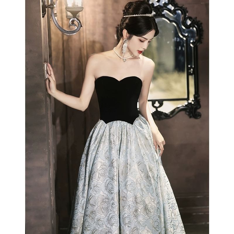 Strapless Floral A-Line Evening Gown