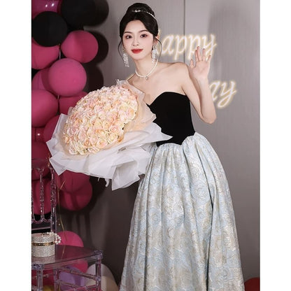 Strapless Floral A-Line Evening Gown