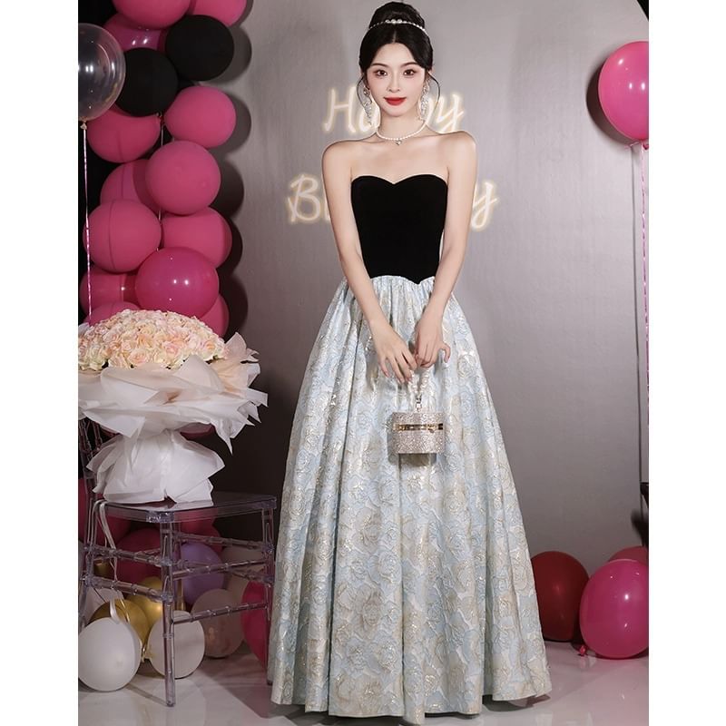 Strapless Floral A-Line Evening Gown