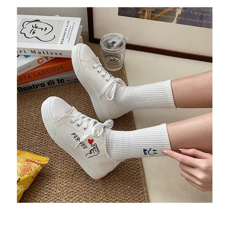 Platform Heart Embroidered Frayed Canvas Lace-Up Sneakers