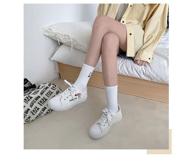 Platform Heart Embroidered Frayed Canvas Lace-Up Sneakers