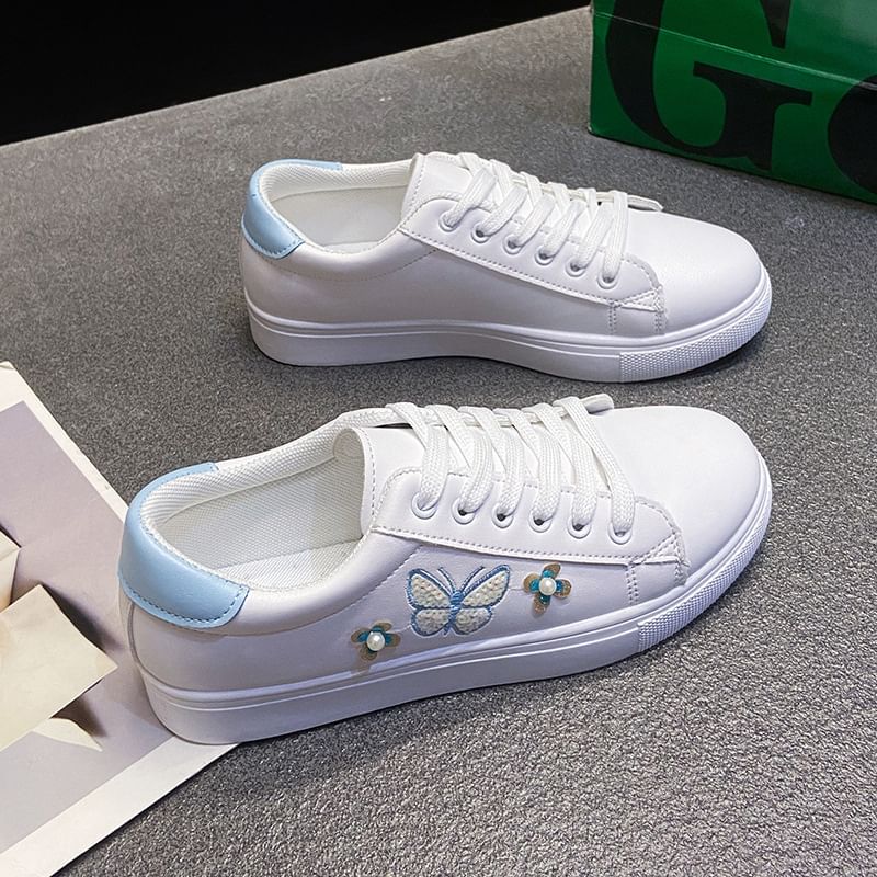 Platform Butterfly Embroidered Faux Pearl Accent Lace-Up Sneakers