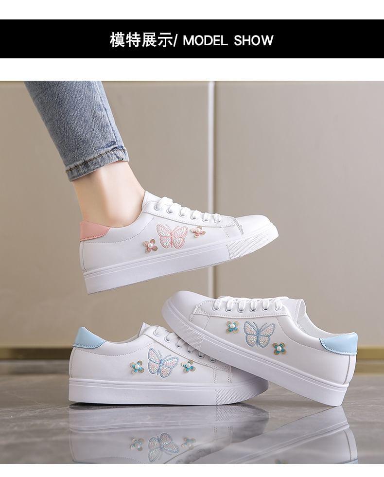 Platform Butterfly Embroidered Faux Pearl Accent Lace-Up Sneakers