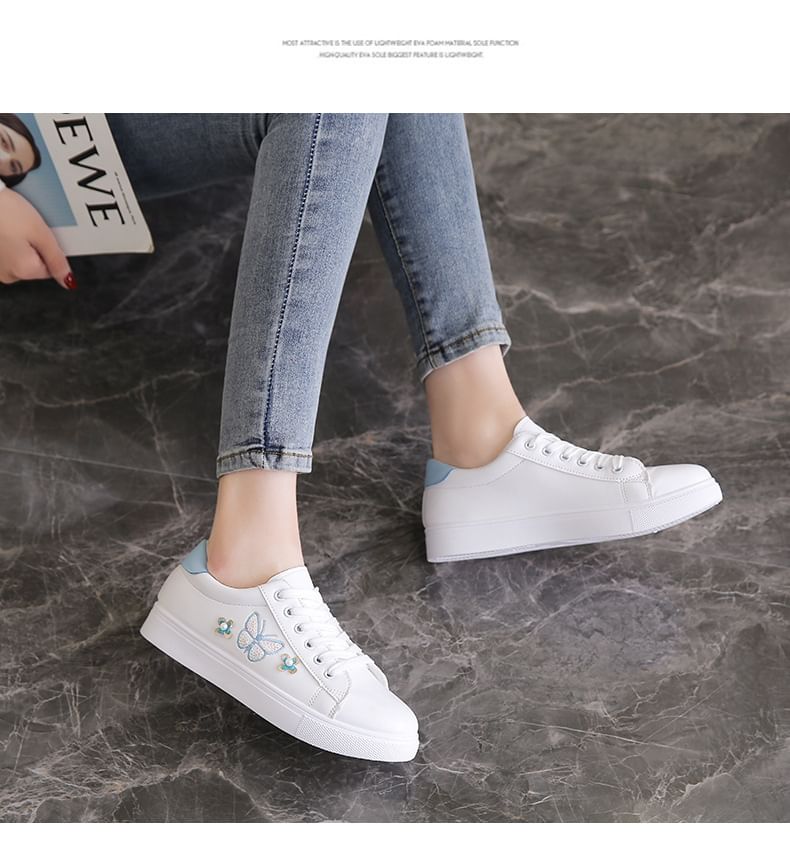 Platform Butterfly Embroidered Faux Pearl Accent Lace-Up Sneakers