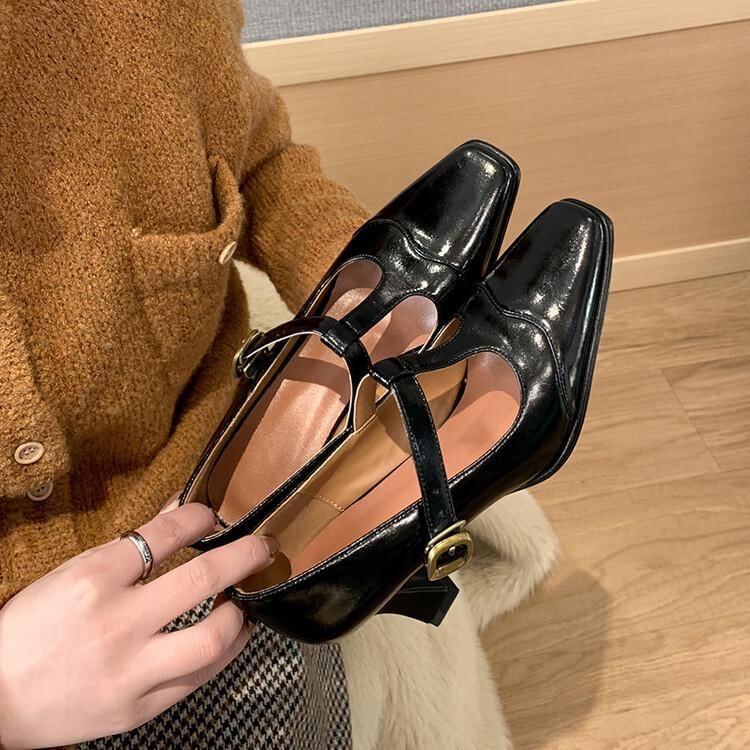 Square Cap Toe T-Strap Pumps