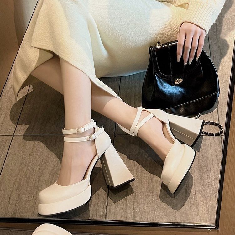 Platform Ankle Strap Block Heel Pumps