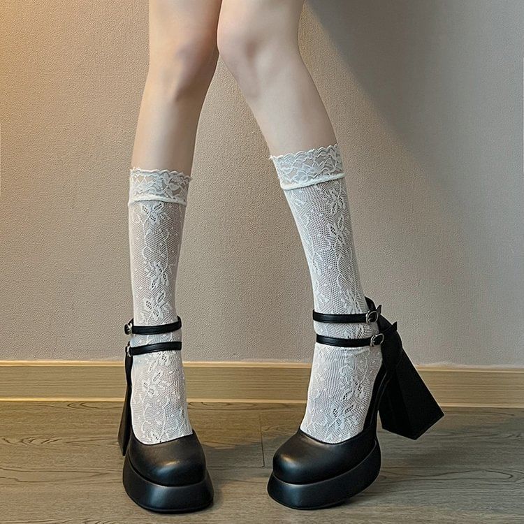 Platform Ankle Strap Block Heel Pumps