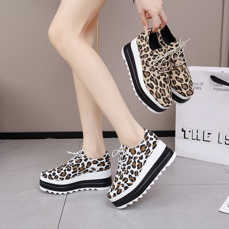 Lace-Up Print Leopard Platform Shoes