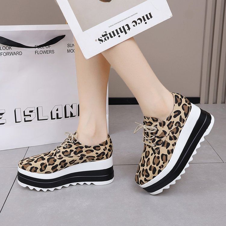 Lace-Up Print Leopard Platform Shoes
