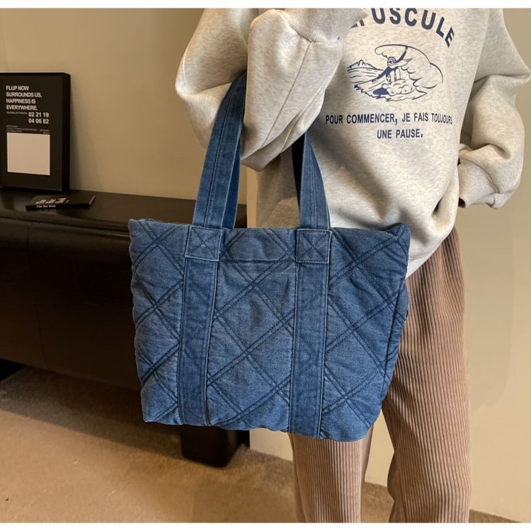 Washed Denim Puffer Tote Bag