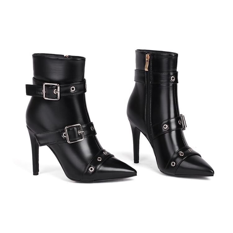 Pointed Toe Buckled High Heel Short Boots