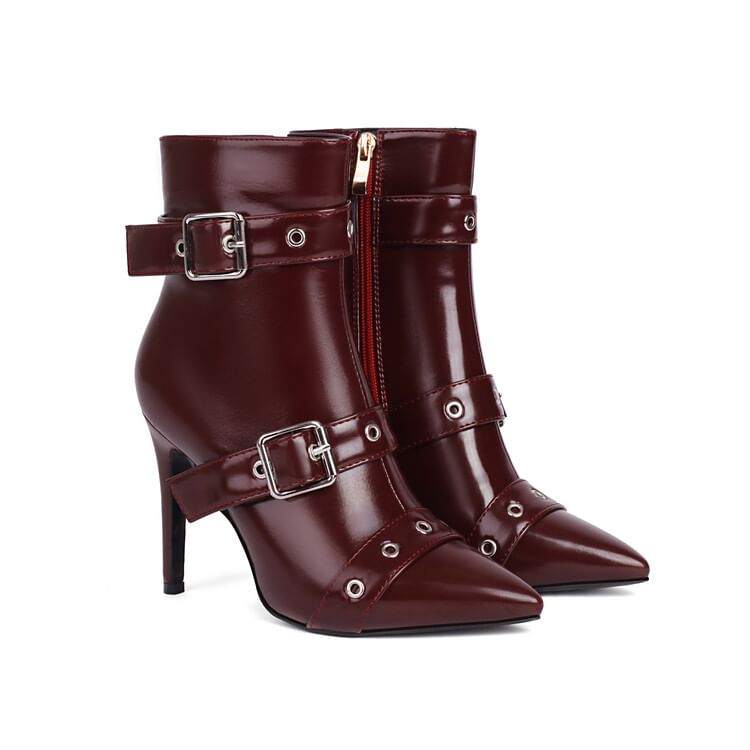 Pointed Toe Buckled High Heel Short Boots