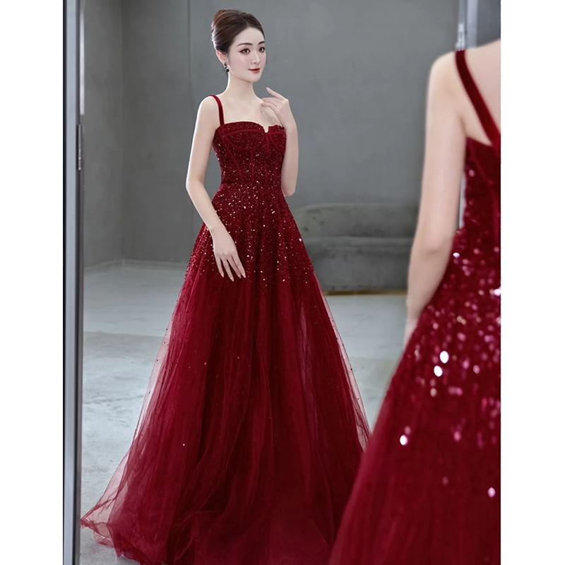 Strap Mesh Evening A-Line Sequin Spaghetti Gown Plain