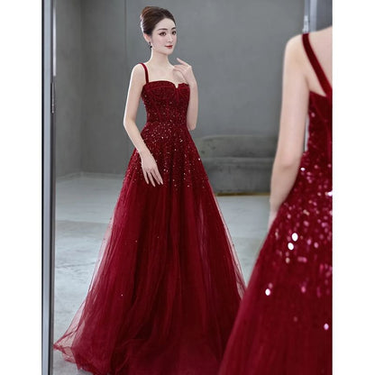 Spaghetti Strap Plain Sequin Mesh A-Line Evening Gown