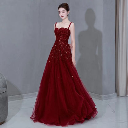 Spaghetti Strap Plain Sequin Mesh A-Line Evening Gown
