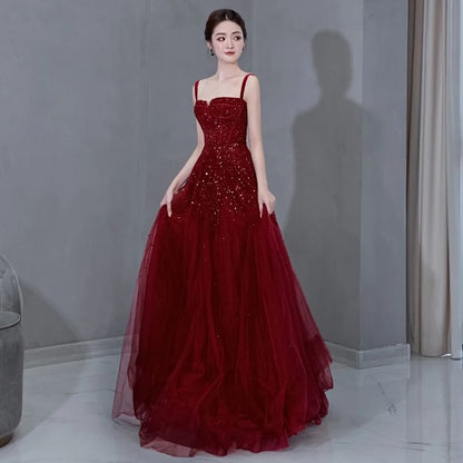 Spaghetti Strap Plain Sequin Mesh A-Line Evening Gown
