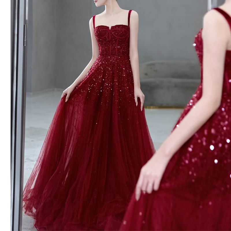 Strap Mesh Evening A-Line Sequin Spaghetti Gown Plain