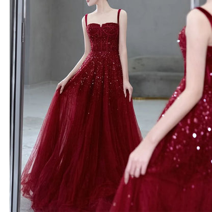 Strap Mesh Evening A-Line Sequin Spaghetti Gown Plain