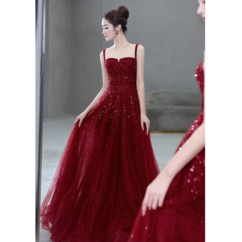 Spaghetti Strap Plain Sequin Mesh A-Line Evening Gown